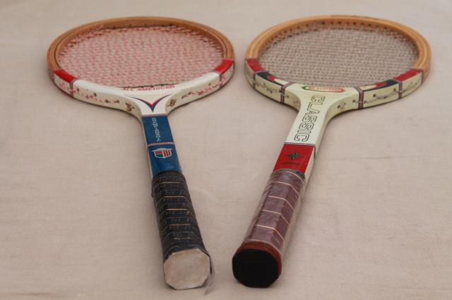 photo of old wood tennis rackets, red white & blue racquets, vintage sporting equipment for photo prop or wall art #3