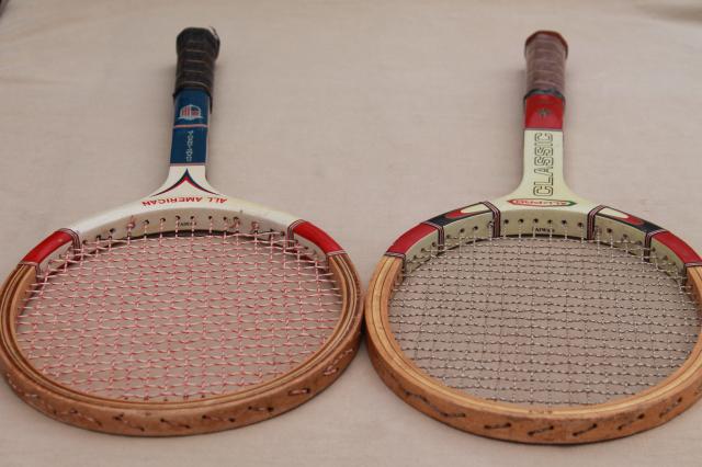 photo of old wood tennis rackets, red white & blue racquets, vintage sporting equipment for photo prop or wall art #4