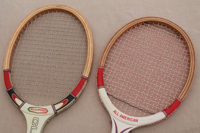 photo of old wood tennis rackets, red white & blue racquets, vintage sporting equipment for photo prop or wall art #5