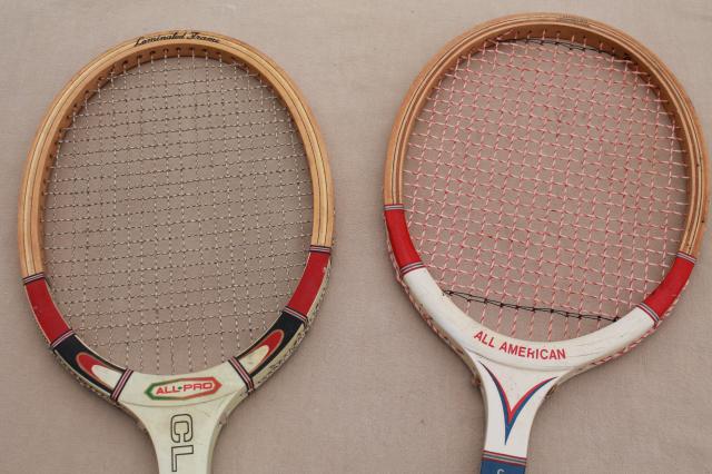 photo of old wood tennis rackets, red white & blue racquets, vintage sporting equipment for photo prop or wall art #7