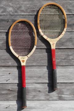 catalog photo of old wood tennis racquets rackets, mid-century vintage sporting equipment