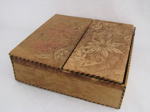 photo of old woodburned flemish art style floral wood box, vintage pyrography #1