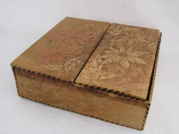 catalog photo of old woodburned flemish art style floral wood box, vintage pyrography