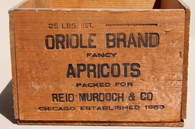 photo of old wooden fruit crate, vintage wood packing shipping box for Oriole apricots #2