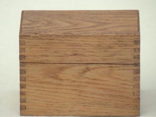 photo of old wooden recipe box, vintage dovetailed wood index card file box #2