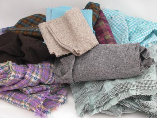 photo of old wool fabric pieces / scraps lot, for vintage sewing, braided or hooked rugs #1