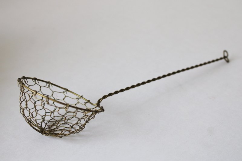 photo of old world vintage brass chicken wire skimmer spoon or egg dipper, french country style  #1