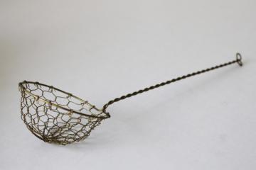 catalog photo of old world vintage brass chicken wire skimmer spoon or egg dipper, french country style 