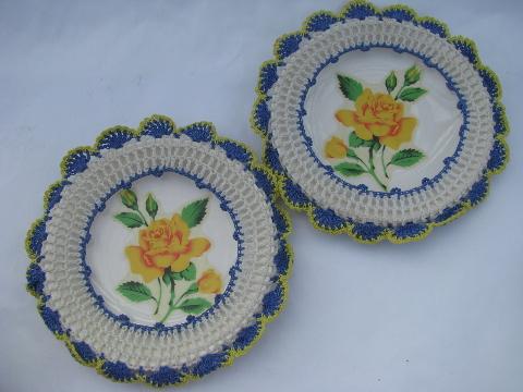 photo of old yellow roses decals china plates, vintage blue and white crochet lace #1