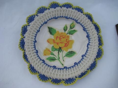 photo of old yellow roses decals china plates, vintage blue and white crochet lace #2