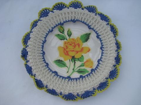 photo of old yellow roses decals china plates, vintage blue and white crochet lace #3