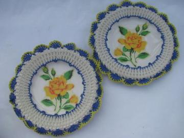 catalog photo of old yellow roses decals china plates, vintage blue and white crochet lace