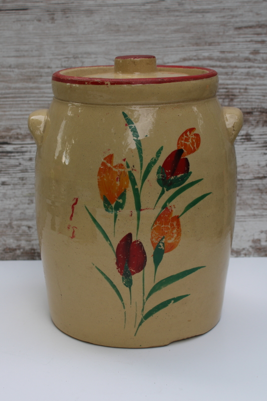 photo of old yellow ware stoneware cookie jar or pickle crock, depression era vintage  #1