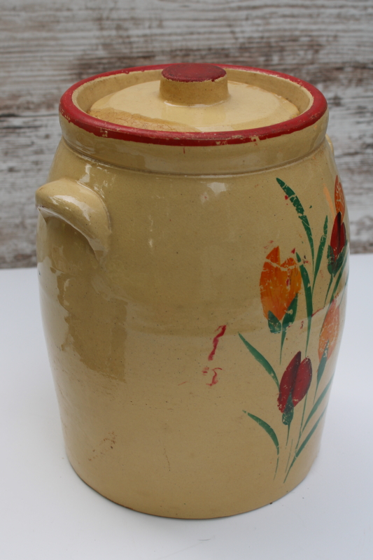 photo of old yellow ware stoneware cookie jar or pickle crock, depression era vintage  #2