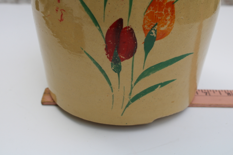photo of old yellow ware stoneware cookie jar or pickle crock, depression era vintage  #3