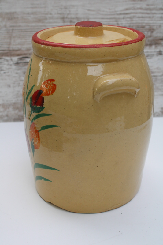 photo of old yellow ware stoneware cookie jar or pickle crock, depression era vintage  #4