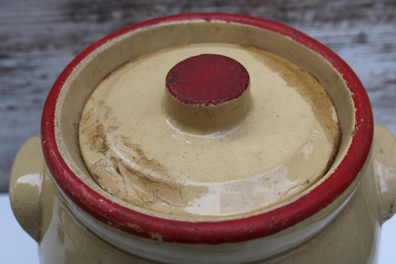photo of old yellow ware stoneware cookie jar or pickle crock, depression era vintage  #5