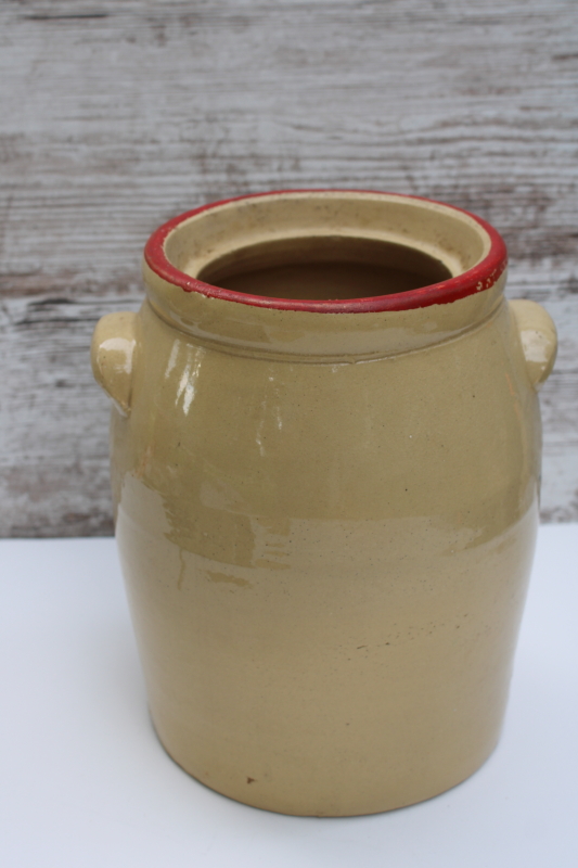 photo of old yellow ware stoneware cookie jar or pickle crock, depression era vintage  #9