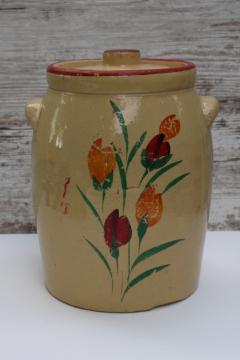 catalog photo of old yellow ware stoneware cookie jar or pickle crock, depression era vintage 