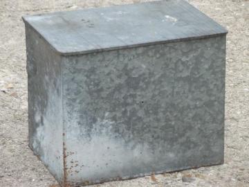 catalog photo of old zinc galvanized metal milk box, vintage porch box for milk bottles