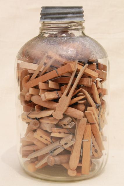 photo of old zinc lid glass pickle jar and a gallon of vintage wood clothespins #1