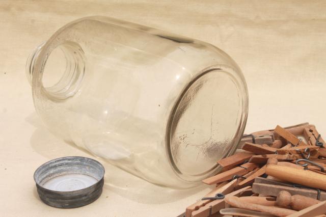photo of old zinc lid glass pickle jar and a gallon of vintage wood clothespins #5