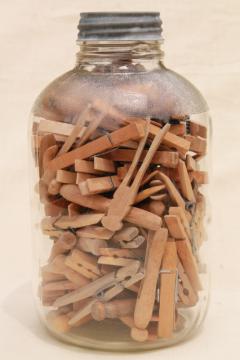 catalog photo of old zinc lid glass pickle jar and a gallon of vintage wood clothespins