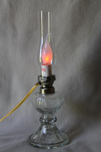 photo of old-fashioned oil lamp antique reproduction, small glass chimney lamp wired for electricity #4