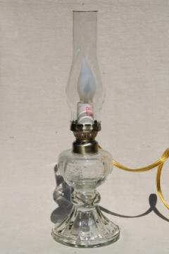 catalog photo of old-fashioned oil lamp antique reproduction, small glass chimney lamp wired for electricity