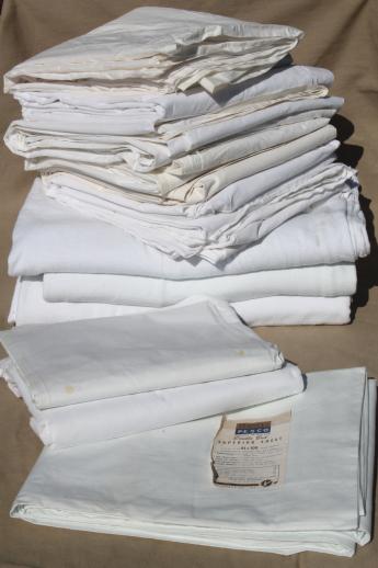 photo of old-fashioned plain white cotton flat bed sheets & flannel sheet blankets, vintage linens lot #1