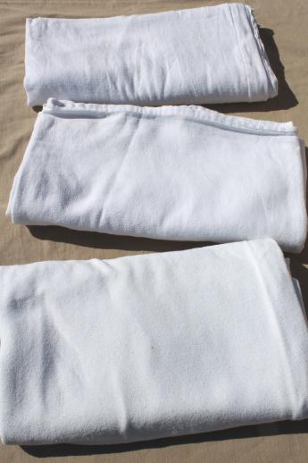 photo of old-fashioned plain white cotton flat bed sheets & flannel sheet blankets, vintage linens lot #3