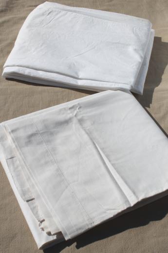 photo of old-fashioned plain white cotton flat bed sheets & flannel sheet blankets, vintage linens lot #11