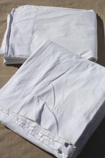 photo of old-fashioned plain white cotton flat bed sheets & flannel sheet blankets, vintage linens lot #12