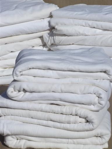 photo of old-fashioned plain white cotton flat bed sheets & flannel sheet blankets, vintage linens lot #1