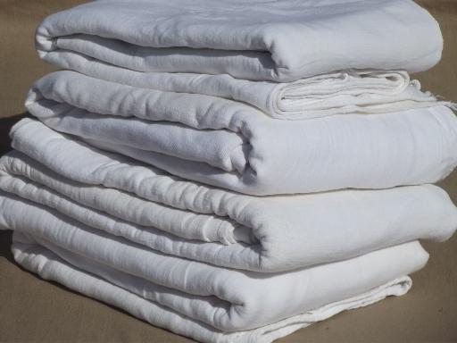 photo of old-fashioned plain white cotton flat bed sheets & flannel sheet blankets, vintage linens lot #2