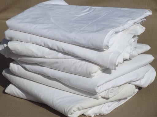 photo of old-fashioned plain white cotton flat bed sheets & flannel sheet blankets, vintage linens lot #6