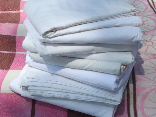 photo of old-fashioned plain white cotton flat bed sheets, vintage linens lot #1