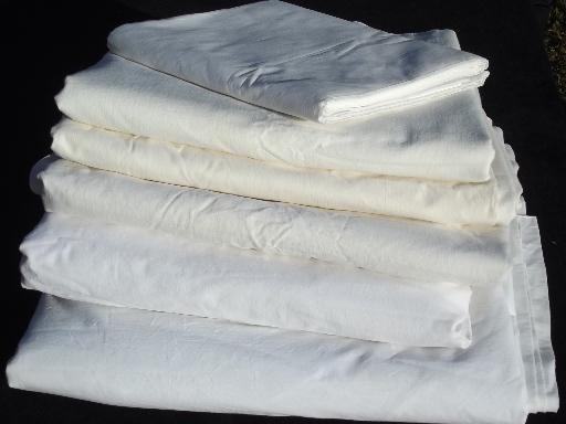 photo of old-fashioned plain white cotton flat bed sheets, vintage linens lot #1