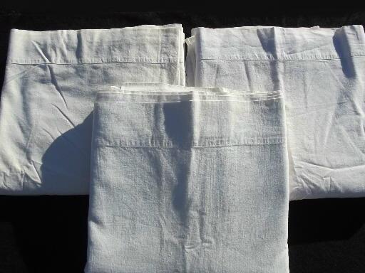 photo of old-fashioned plain white cotton flat bed sheets, vintage linens lot #4