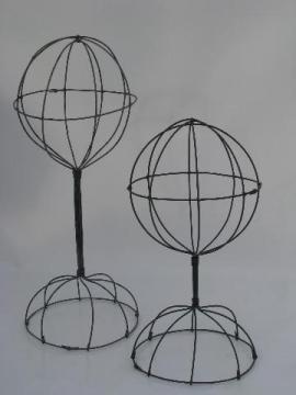 catalog photo of old-fashioned wirework balloon hat display rack stands, hat stand lot