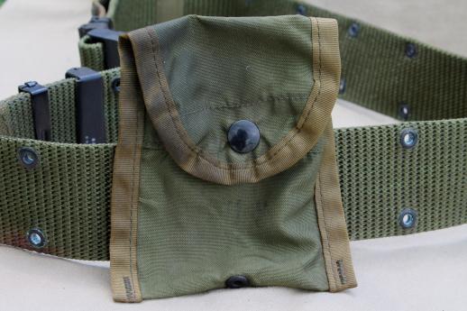 photo of olive drab army belts & ammunition bandolier, Vietnam vintage bandolier, US Army equipment belts #4