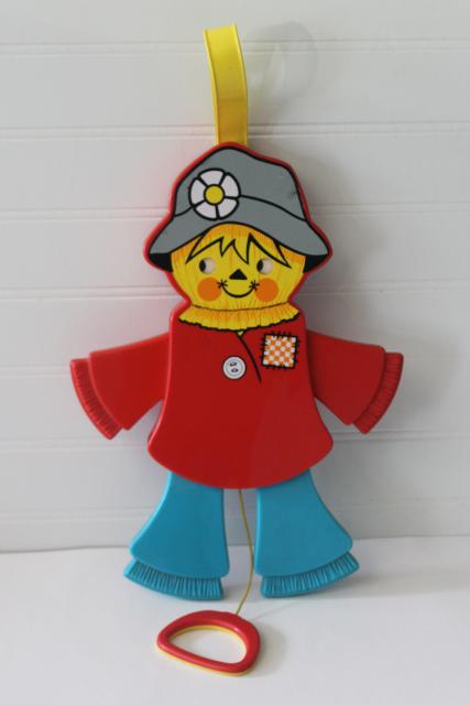 photo of ollectible vintage Fisher-Price jumping jack baby crib toy, scarecrow #423 1970s #1