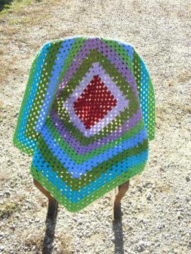 catalog photo of one big granny square, cozy vintage crochet wool afghan throw blanket, retro!