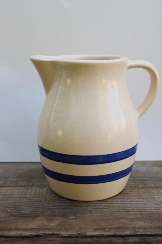 photo of one quart stoneware pitcher w/ blue bands, vintage Robinson Ransbottom pottery #1