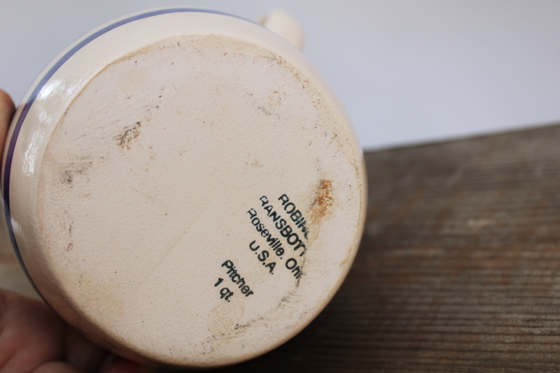 photo of one quart stoneware pitcher w/ blue bands, vintage Robinson Ransbottom pottery  #3