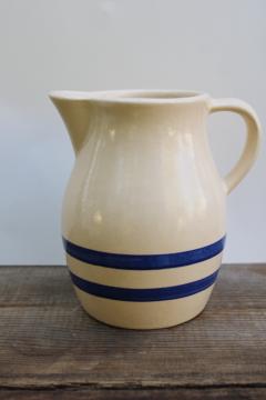 catalog photo of one quart stoneware pitcher w/ blue bands, vintage Robinson Ransbottom pottery 