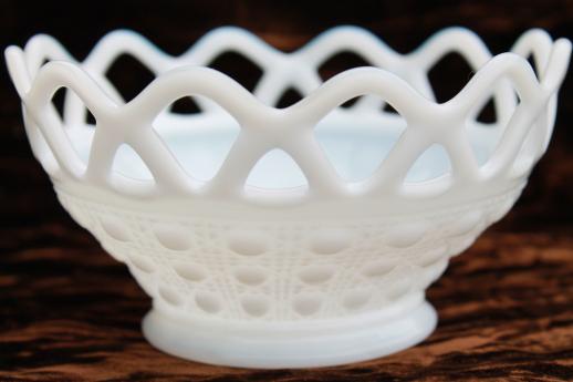 photo of opalescent milk glass bowl, vintage Imperial glass basket laced edge candy dish #1