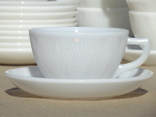 photo of opalescent milk glass cups & saucers set for 12, Hazel Atlas Starlight #3