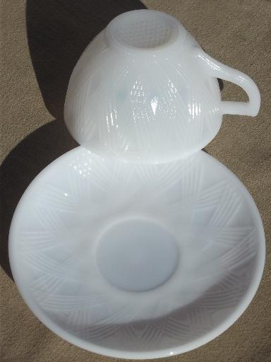 photo of opalescent milk glass cups & saucers set for 12, Hazel Atlas Starlight #5