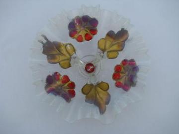 catalog photo of opalescent moonstone glass three legged bowl, red and gold reverse paint